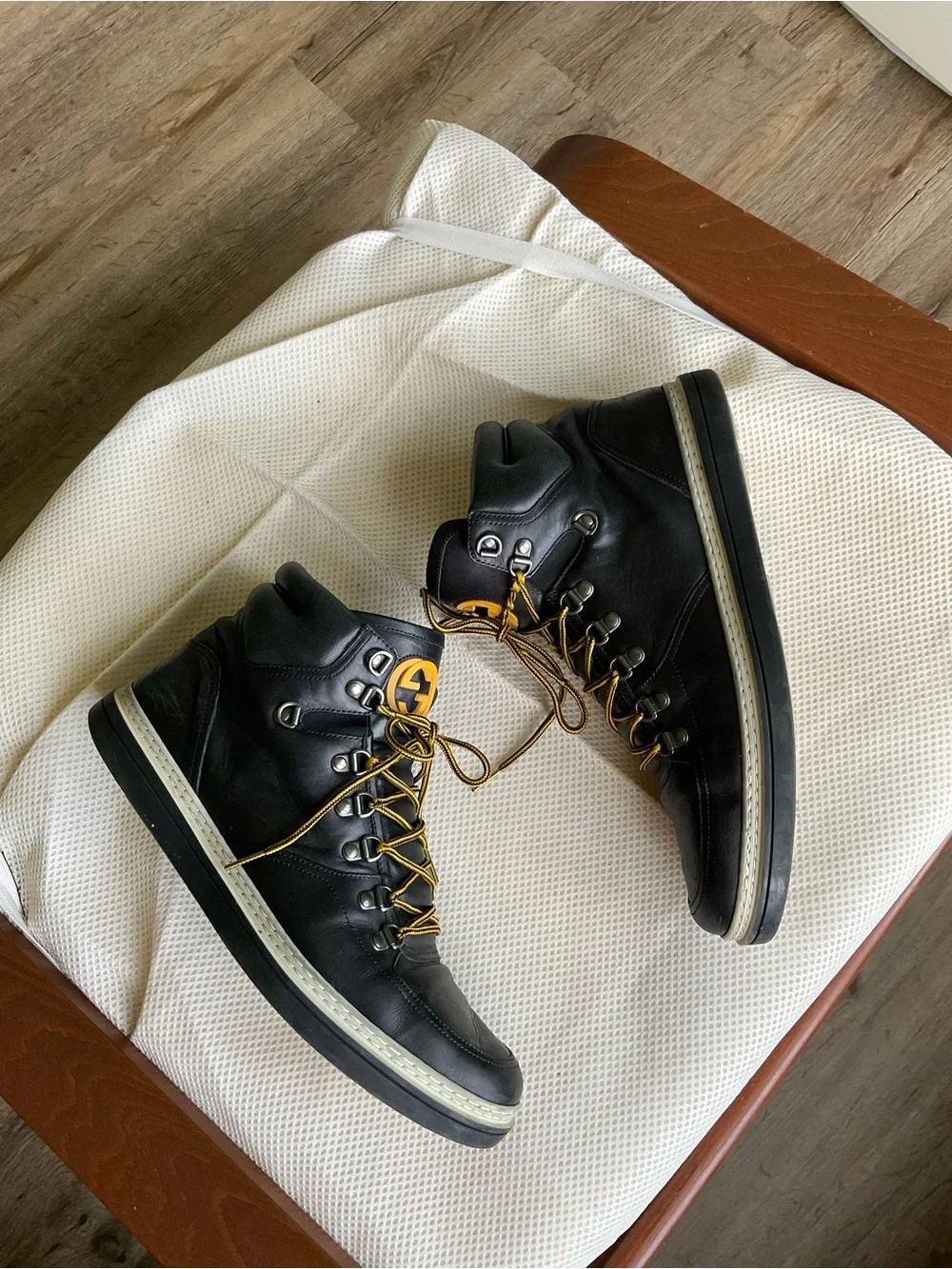 Gucci Black Leather High-Top Boots with Yellow Accents
